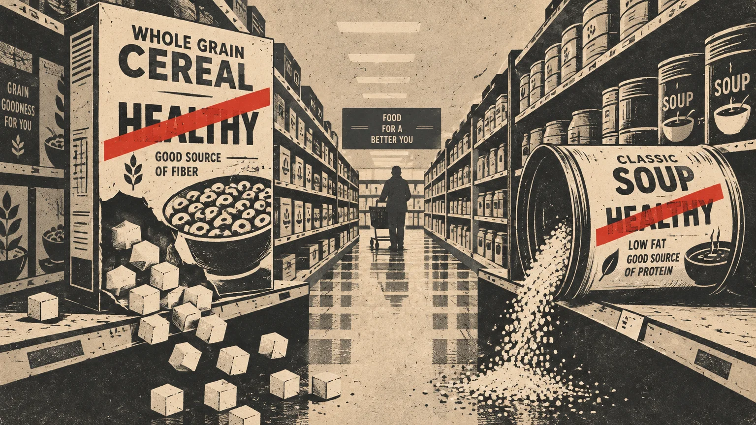 Illustration of a grocery aisle with crossed-out healthy claims on a cereal box spilling sugar cubes and a soup can.