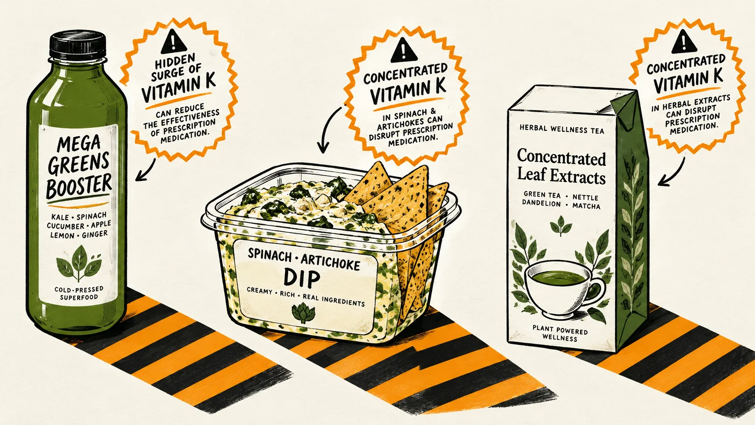 Illustration of green juice, spinach artichoke dip, and herbal tea carton with warning callouts about concentrated vitamin K.