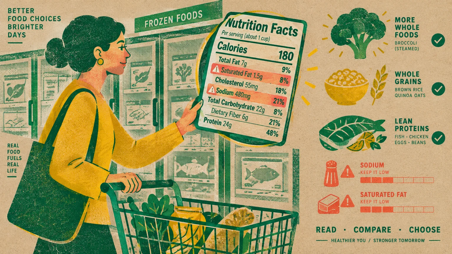 Illustration of a woman in a grocery aisle holding a shopping cart and reviewing a prominent nutrition facts label.