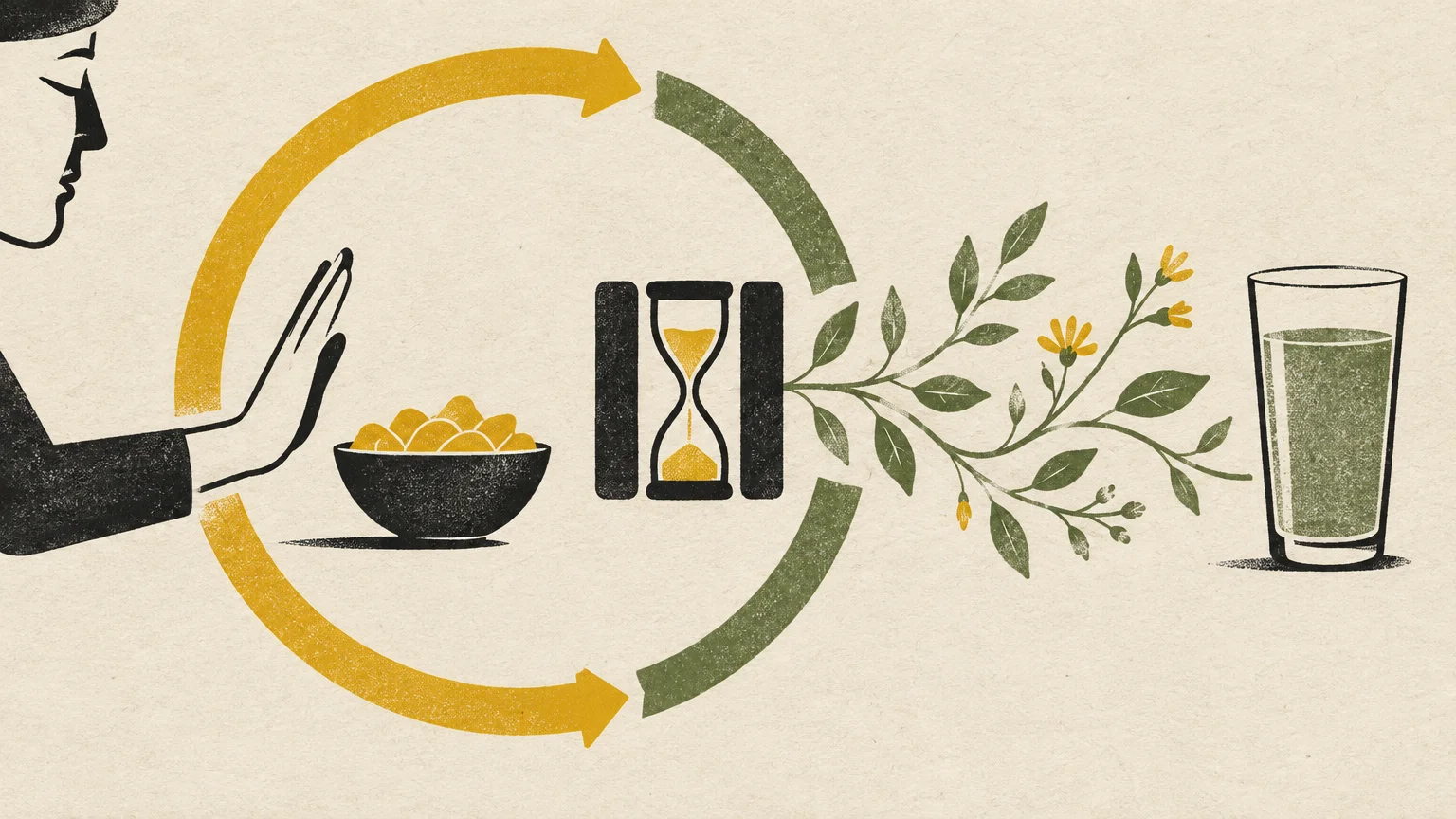 Illustration of a person declining snack food beside an hourglass with growing plant vines pointing toward a glass of juice.