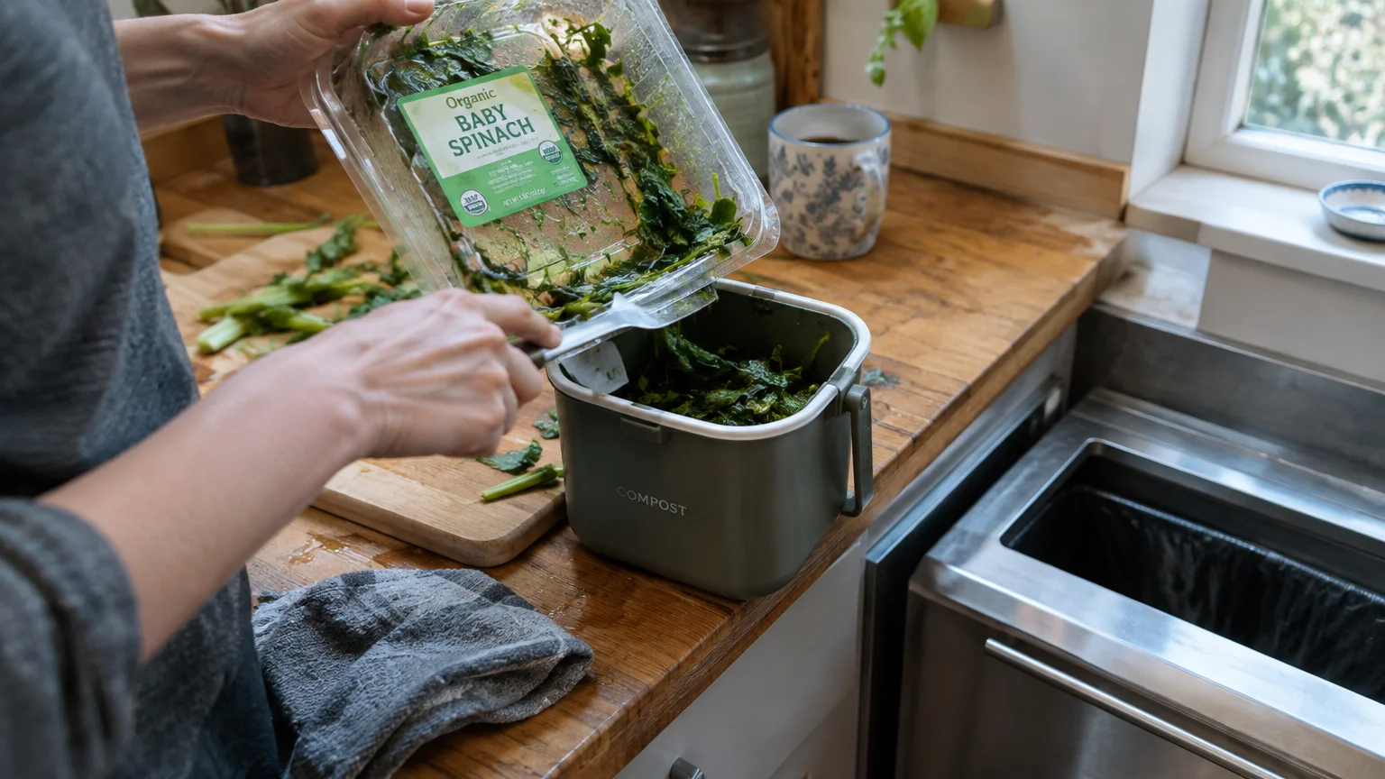 A person empties spoiled organic baby spinach from a plastic container into a small countertop compost bin.