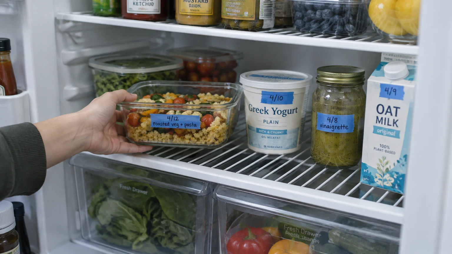 Hand placing a labeled glass container of pasta into an organized refrigerator alongside Greek yogurt and oat milk.