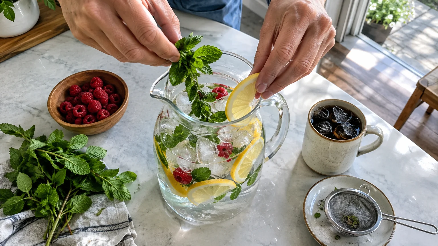 Hands adding mint and lemon slices to a glass pitcher of ice water with raspberries on a marble countertop.