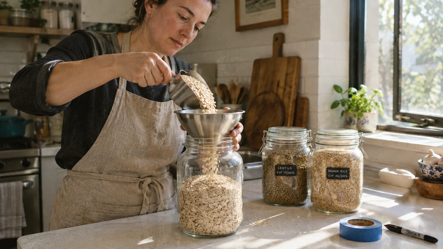 A woman in a linen apron pours oats through a metal funnel into a glass jar beside jars of lentils and brown rice.