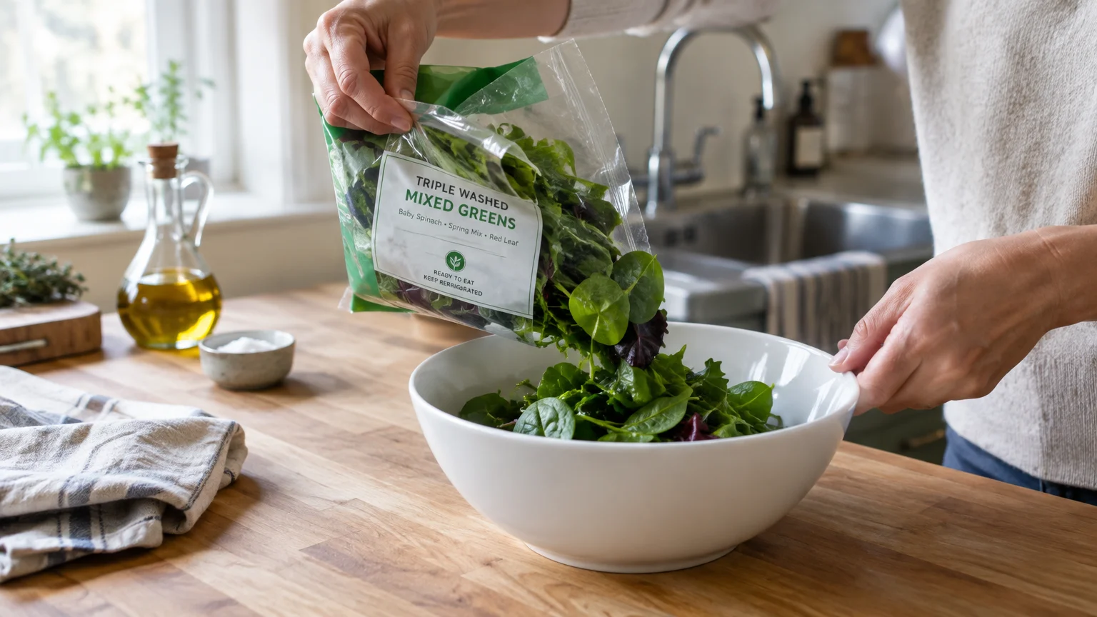 Hands emptying a plastic bag of triple washed mixed greens into a white ceramic bowl on a wooden kitchen island.