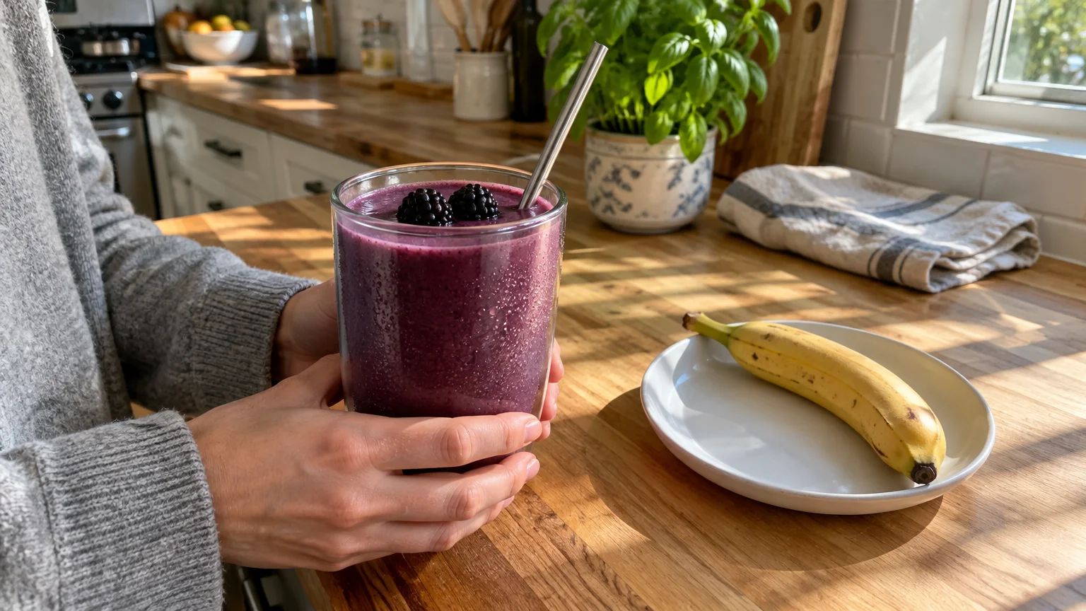Hands holding a purple blackberry smoothie in a glass with a metal straw, next to a banana on a white plate.