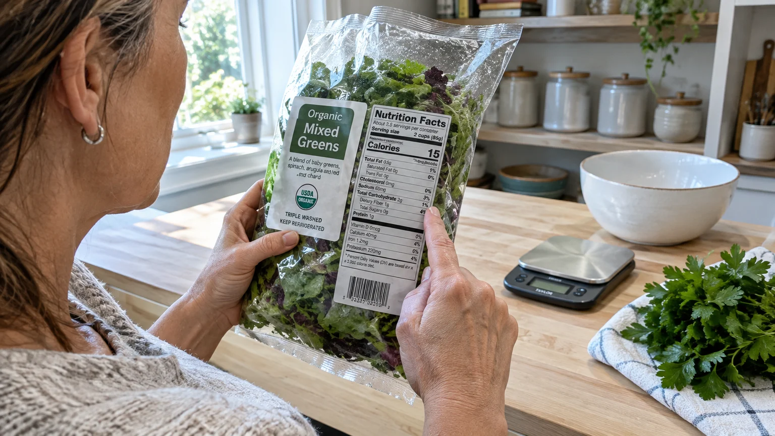 A woman holds a bag of organic mixed greens and points to the nutrition facts label next to a digital food scale.