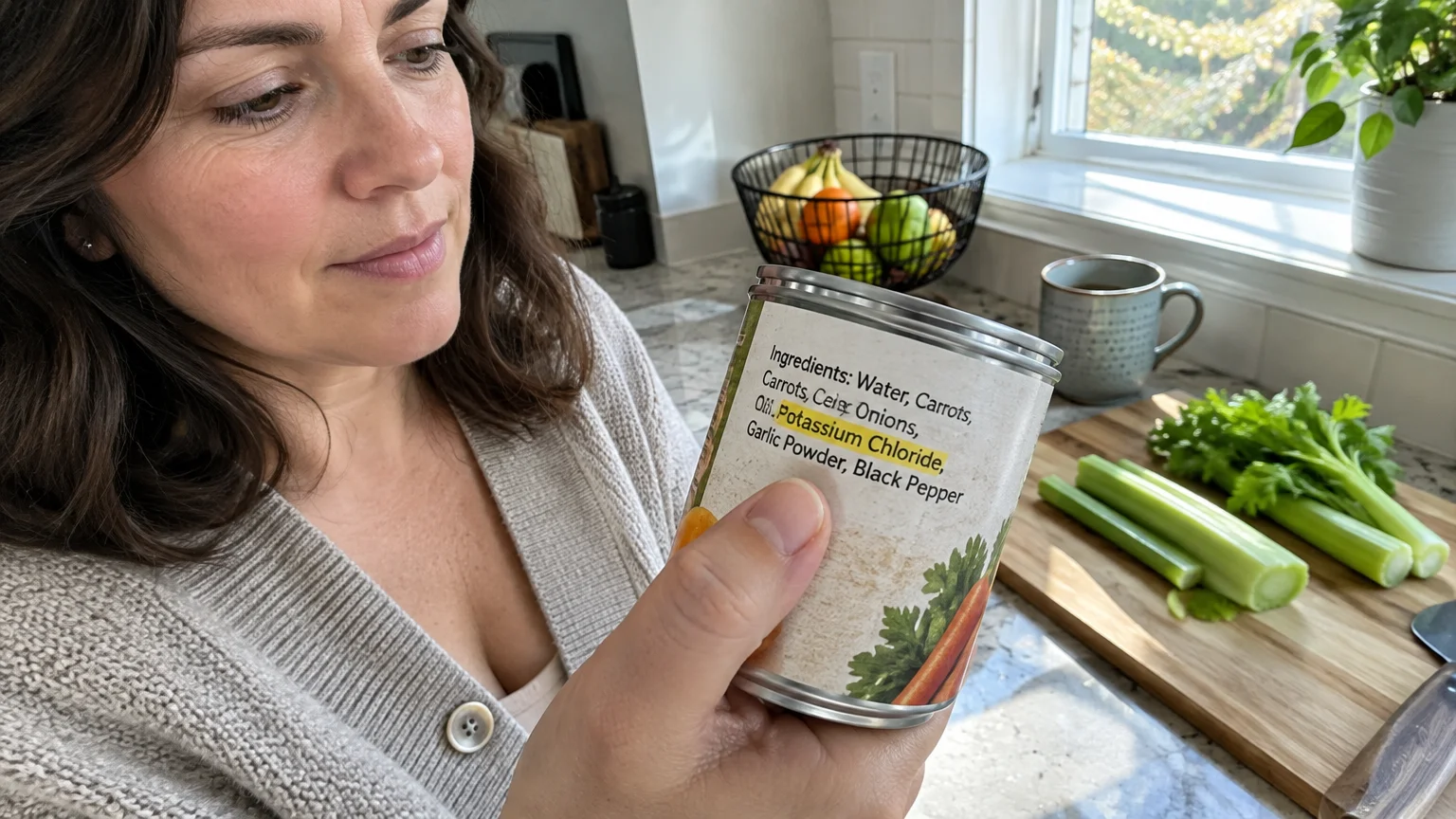 A woman holds a canned soup label highlighting Potassium Chloride in yellow text among the listed ingredients.
