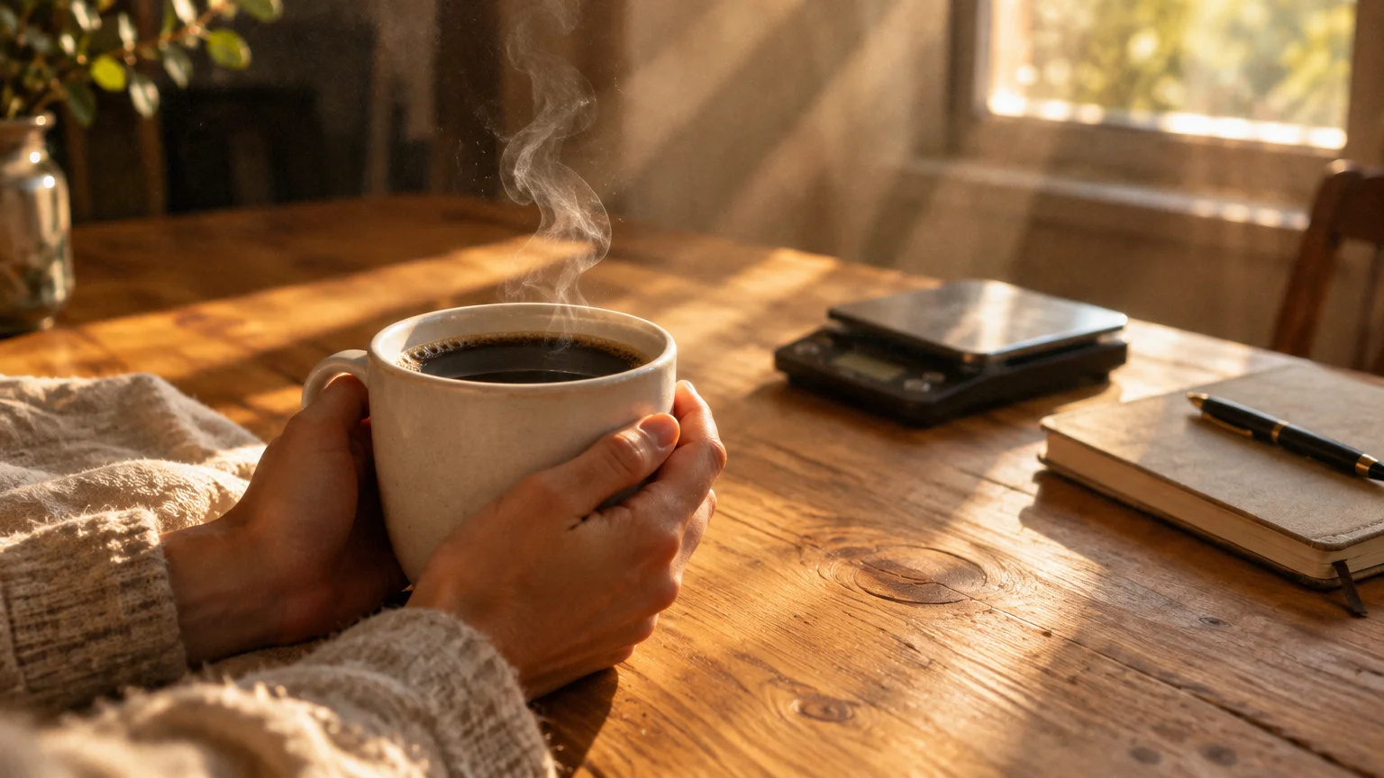 Hands holding a steaming mug of black coffee on a sunny wooden table beside a small digital scale and notebook.