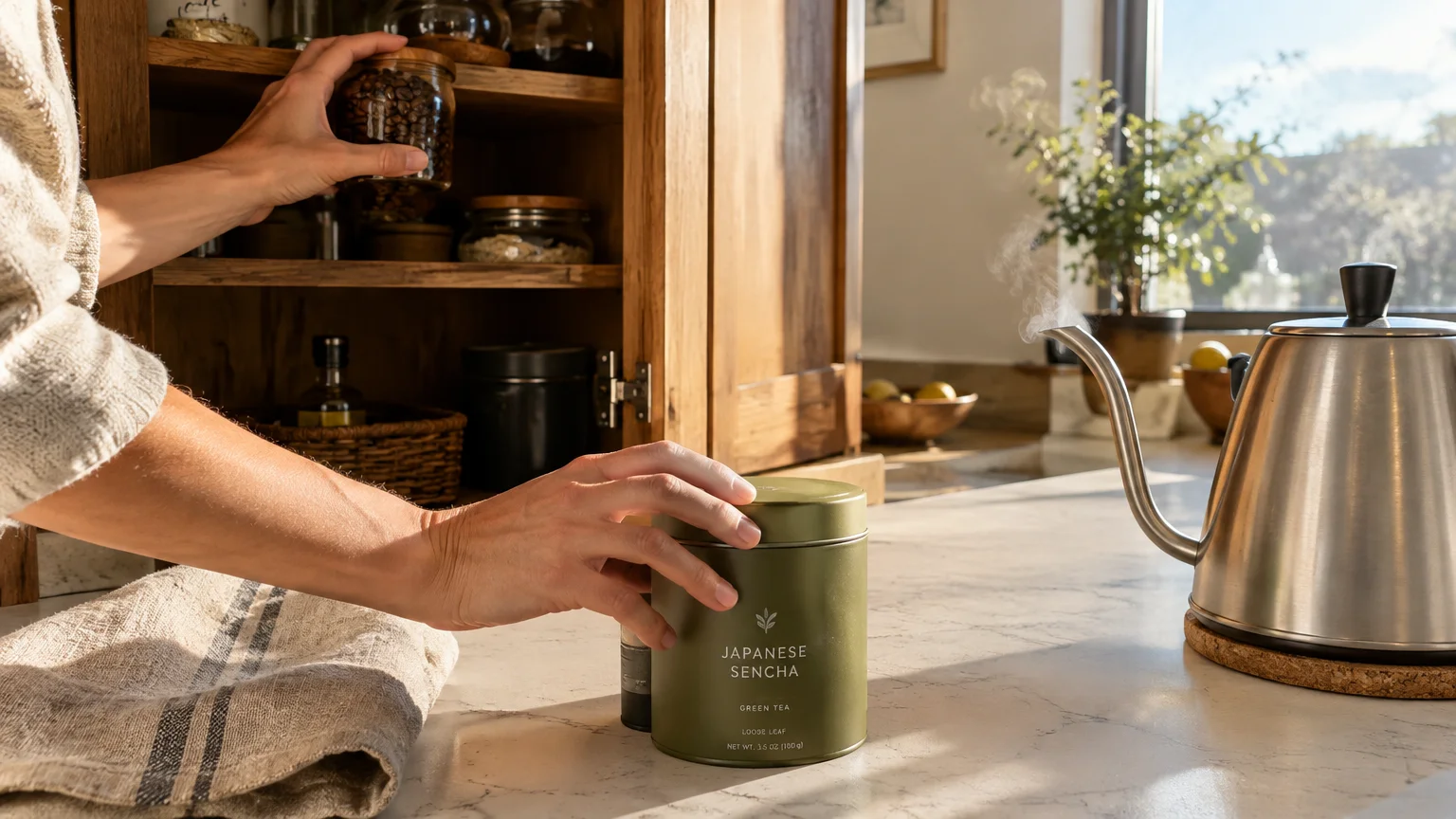 Hands reach for a green Japanese sencha tea tin on a marble counter beside a steaming kettle and wooden pantry.