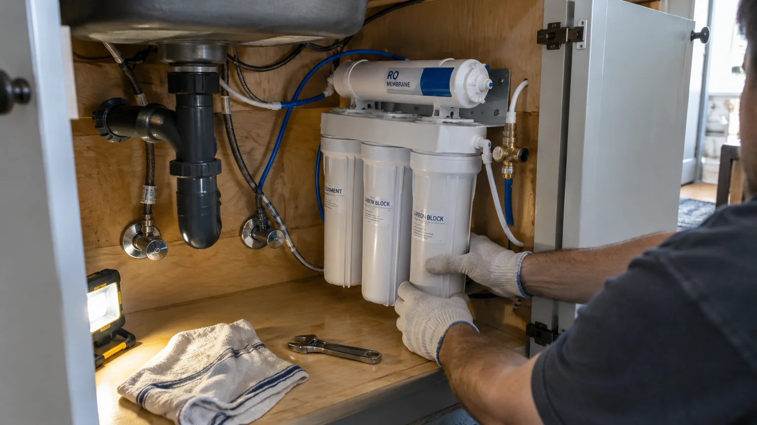 A person wearing work gloves installs an under-sink multi-stage water filtration system with an RO membrane.