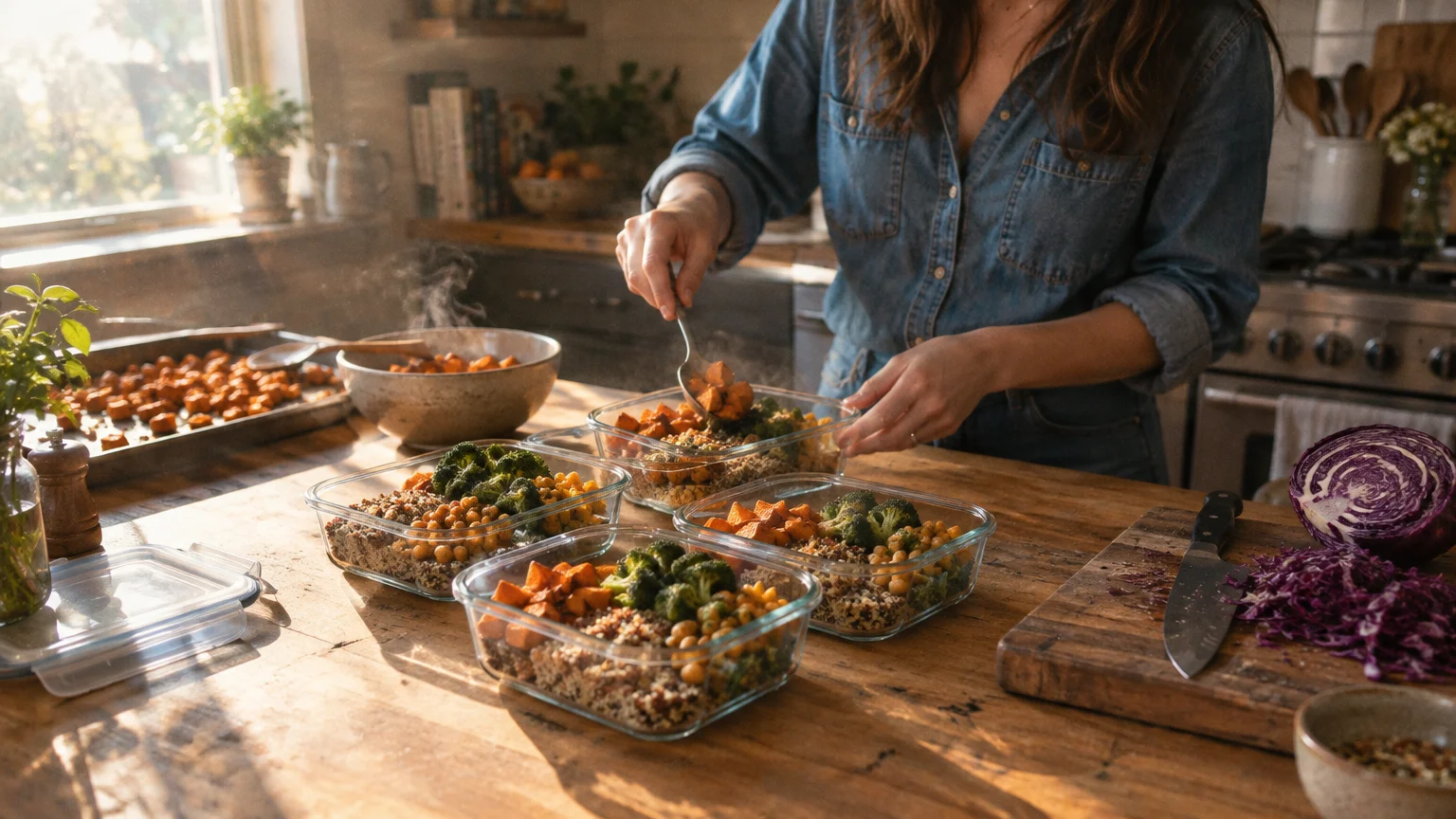 A person packing cooked vegetables, quinoa, and chickpeas into four glass meal prep containers on a wooden kitchen counter.