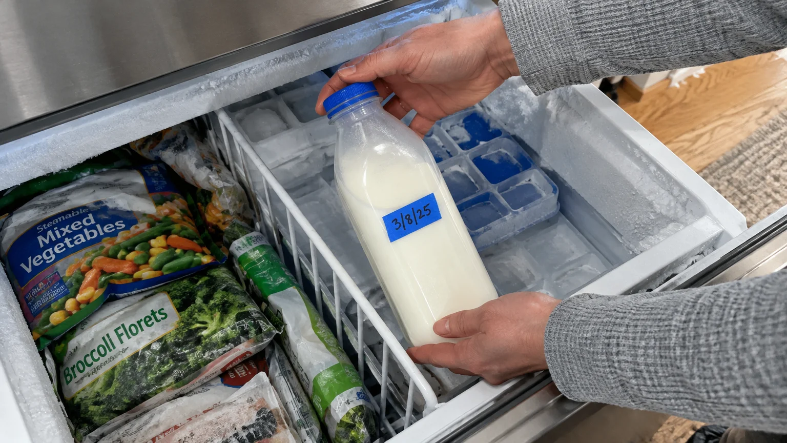 Hands placing a labeled plastic bottle of milk into a freezer drawer alongside bags of frozen vegetables.