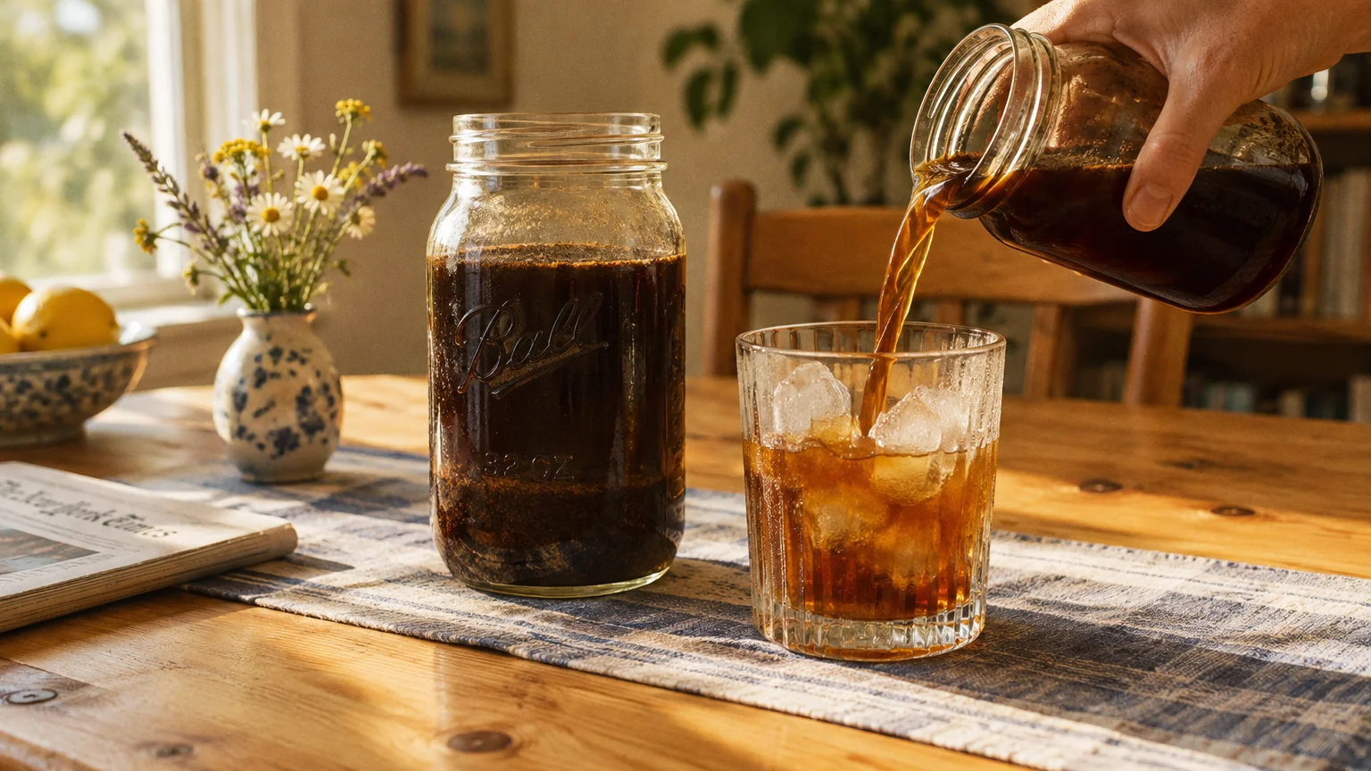 Coffee pouring from a glass jar into an ice-filled tumbler on a wooden table beside a large mason jar of steeping coffee.