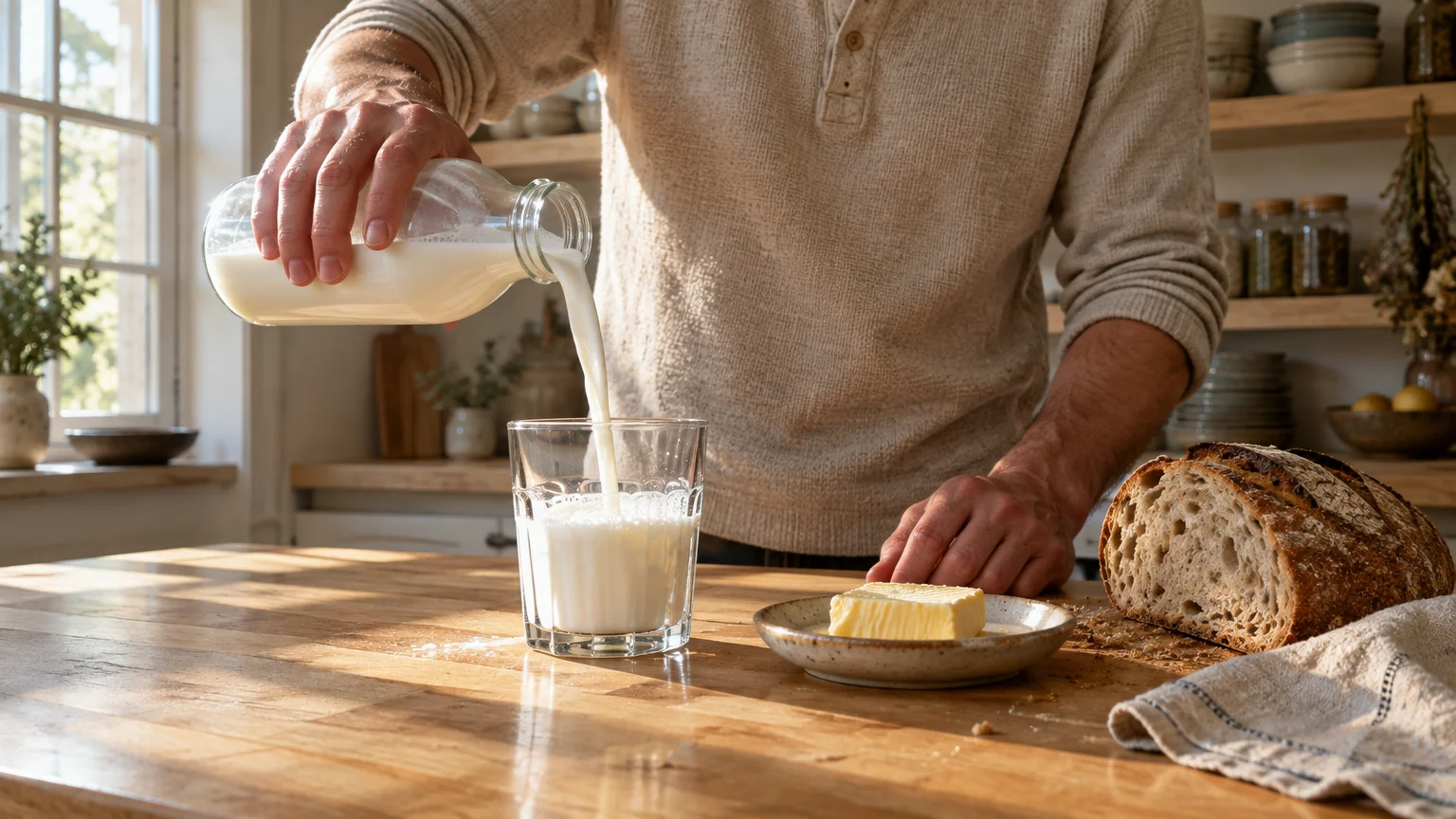 A man pouring fresh milk from a glass bottle into a drinking glass on a wooden table beside butter and bread.