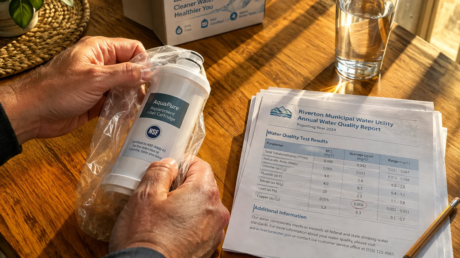 Hands holding a replacement water filter cartridge next to a printed municipal water quality report on a wooden table.