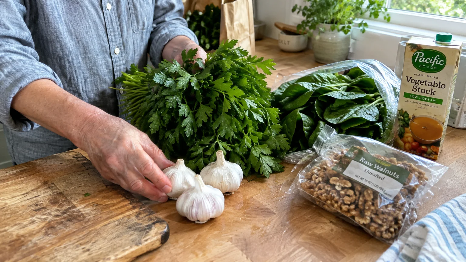 Hands unpack fresh parsley, garlic bulbs, spinach, unsalted walnuts, and low-sodium vegetable stock on a wooden counter.