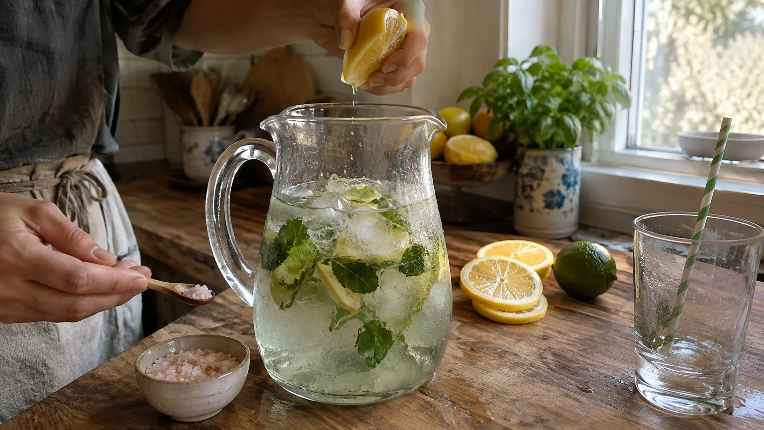 A person squeezing lemon juice into a glass pitcher of iced water with mint, beside a small spoon of pink salt.