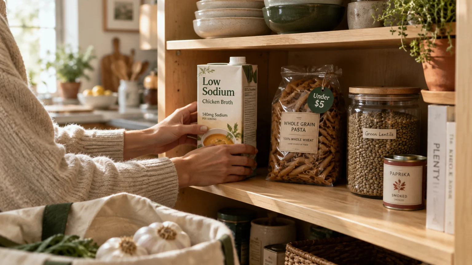 Hands placing a carton of low-sodium chicken broth onto a wooden pantry shelf next to a bag of whole grain pasta.