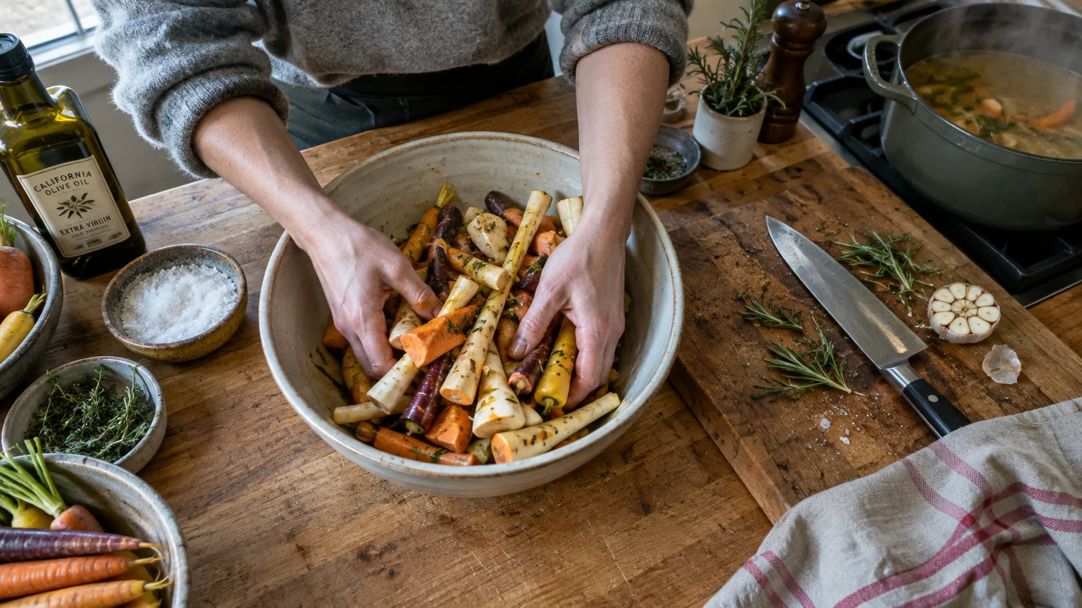 A person tosses sliced colorful carrots and parsnips with herbs in a large ceramic bowl on a wooden counter.