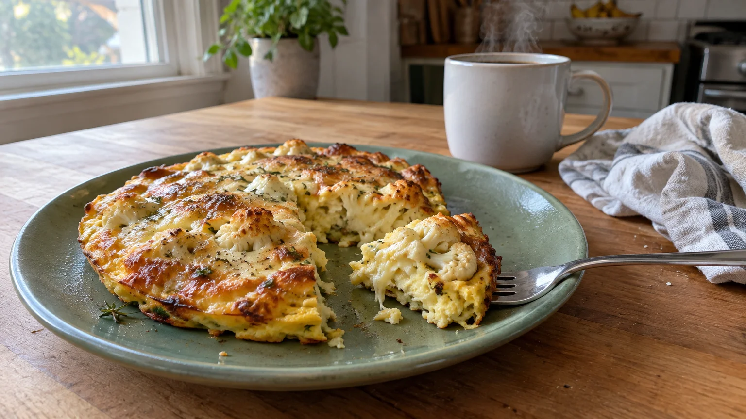 Baked cauliflower frittata on a green plate with a slice on a fork, beside a steaming mug of black coffee.