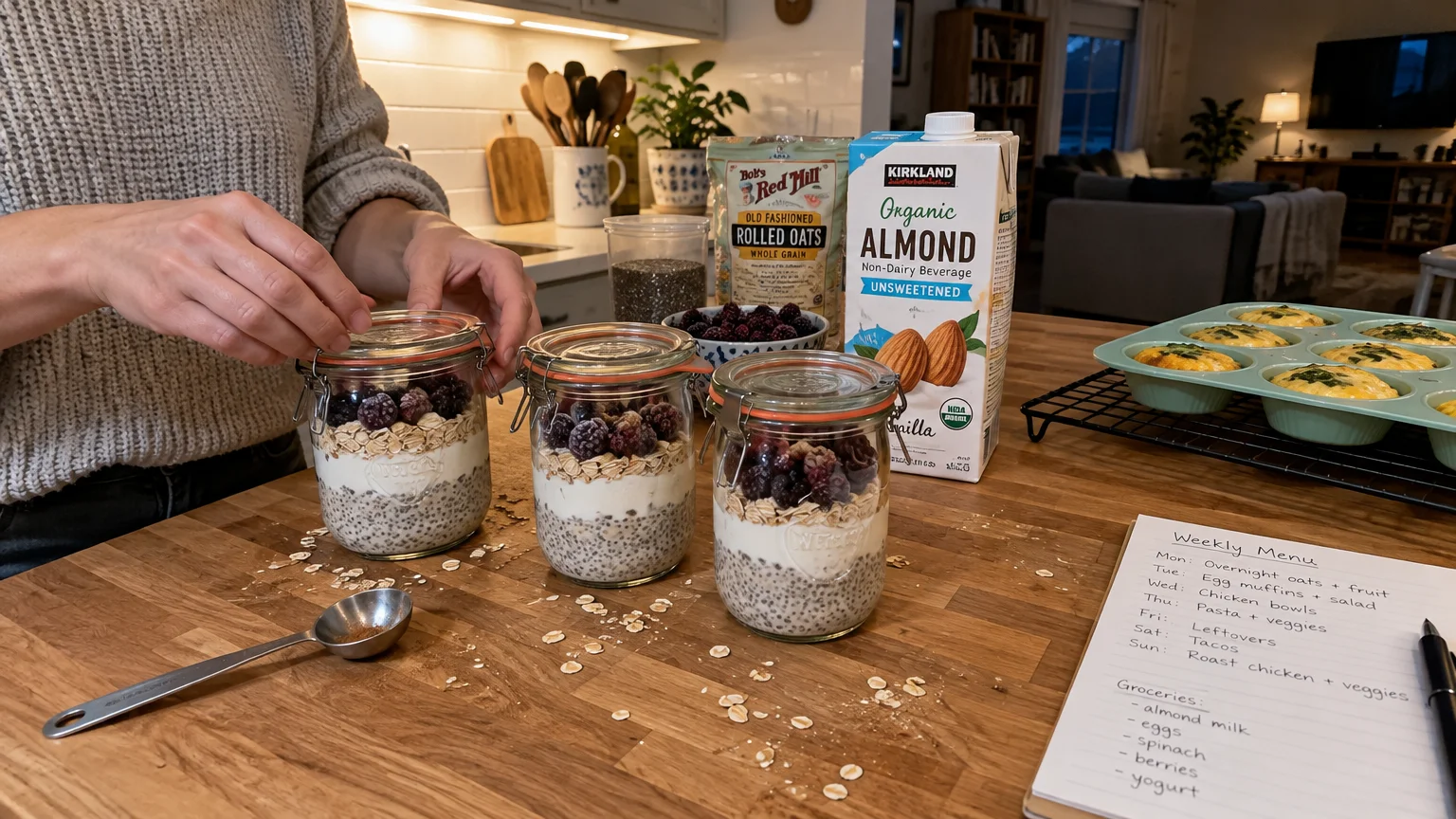 Person prepping jars of overnight oats and chia pudding near baked egg muffins, ingredients, and a handwritten weekly menu.