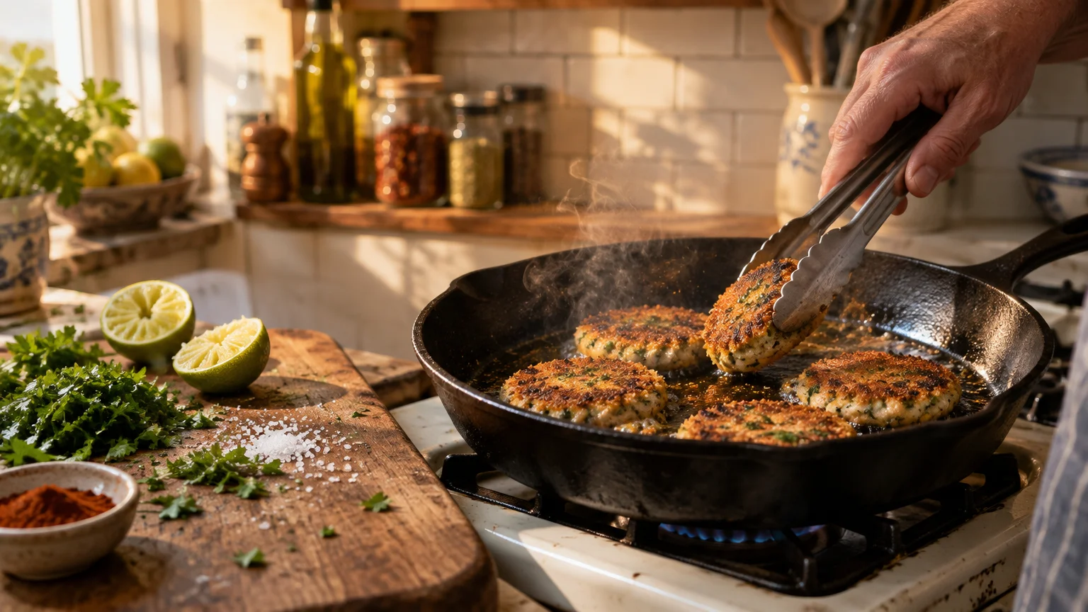 Metal tongs flip a golden-brown fish patty frying in a black cast-iron skillet beside fresh lime halves and herbs.