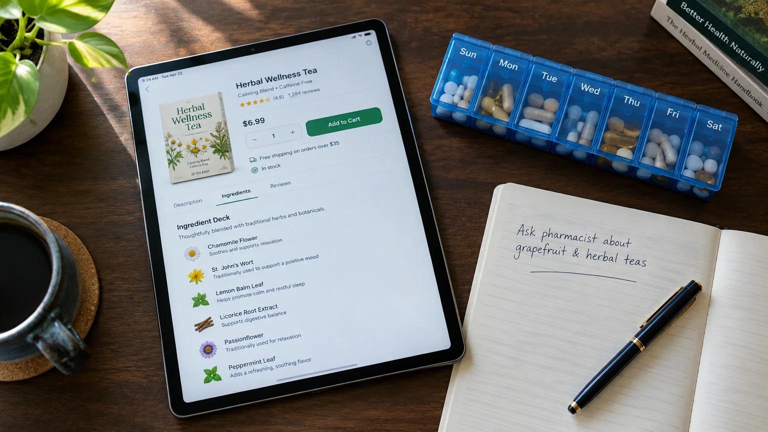 Tablet displaying herbal tea ingredients beside a weekly pill organizer, coffee mug, and notebook on a desk.