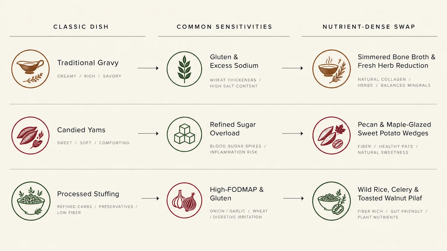 Diagram outlining classic Thanksgiving dishes, common dietary sensitivities, and nutrient-dense ingredient swaps.