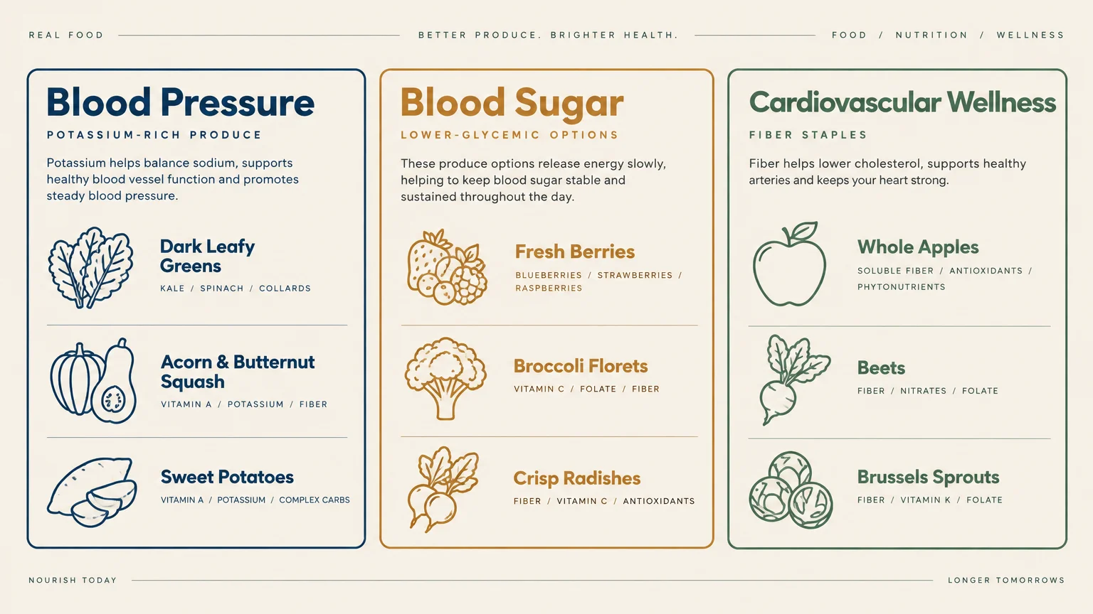 Diagram outlining produce categories for blood pressure, blood sugar, and cardiovascular wellness with food illustrations.