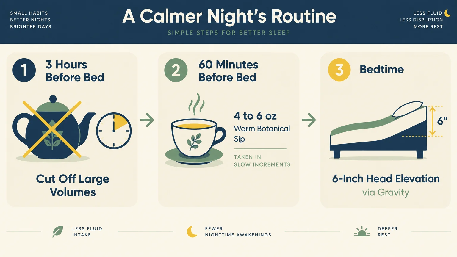 Three-step evening routine infographic showing when to cut off large volumes, sip tea, and elevate the bed head six inches.