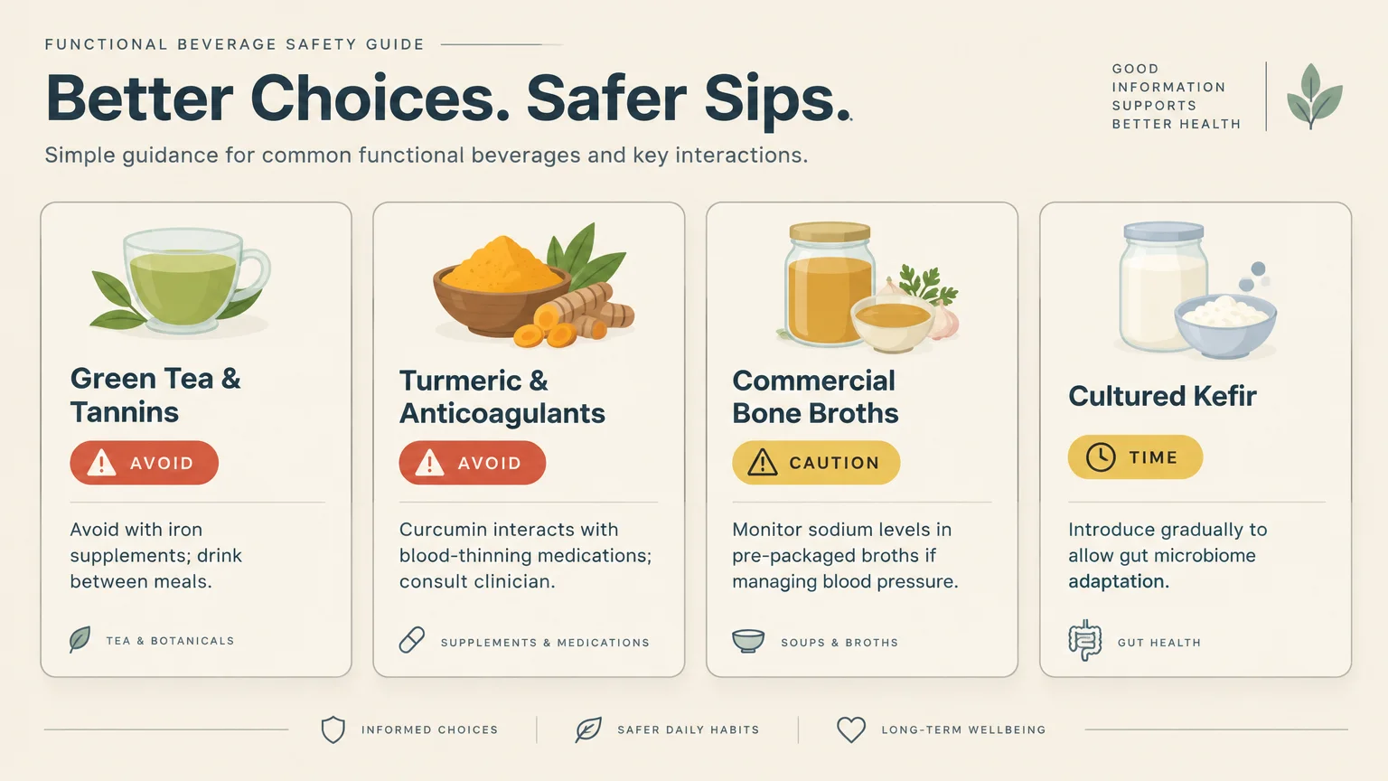Functional beverage safety guide diagram showing considerations for green tea, turmeric, bone broths, and kefir.