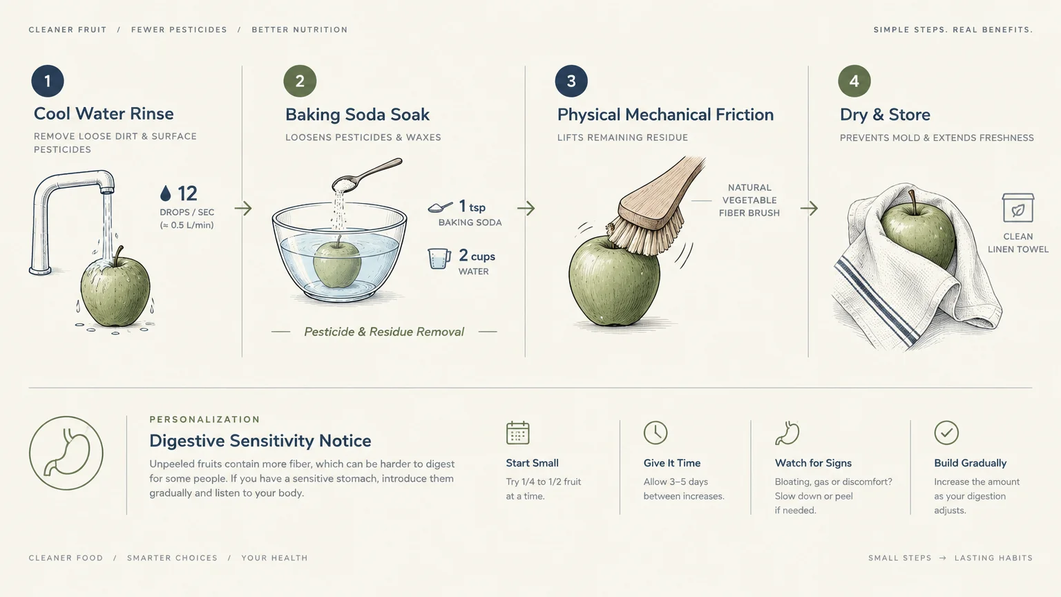 Diagram detailing a four-step fruit washing process from water rinse to towel drying, above a digestive sensitivity notice.