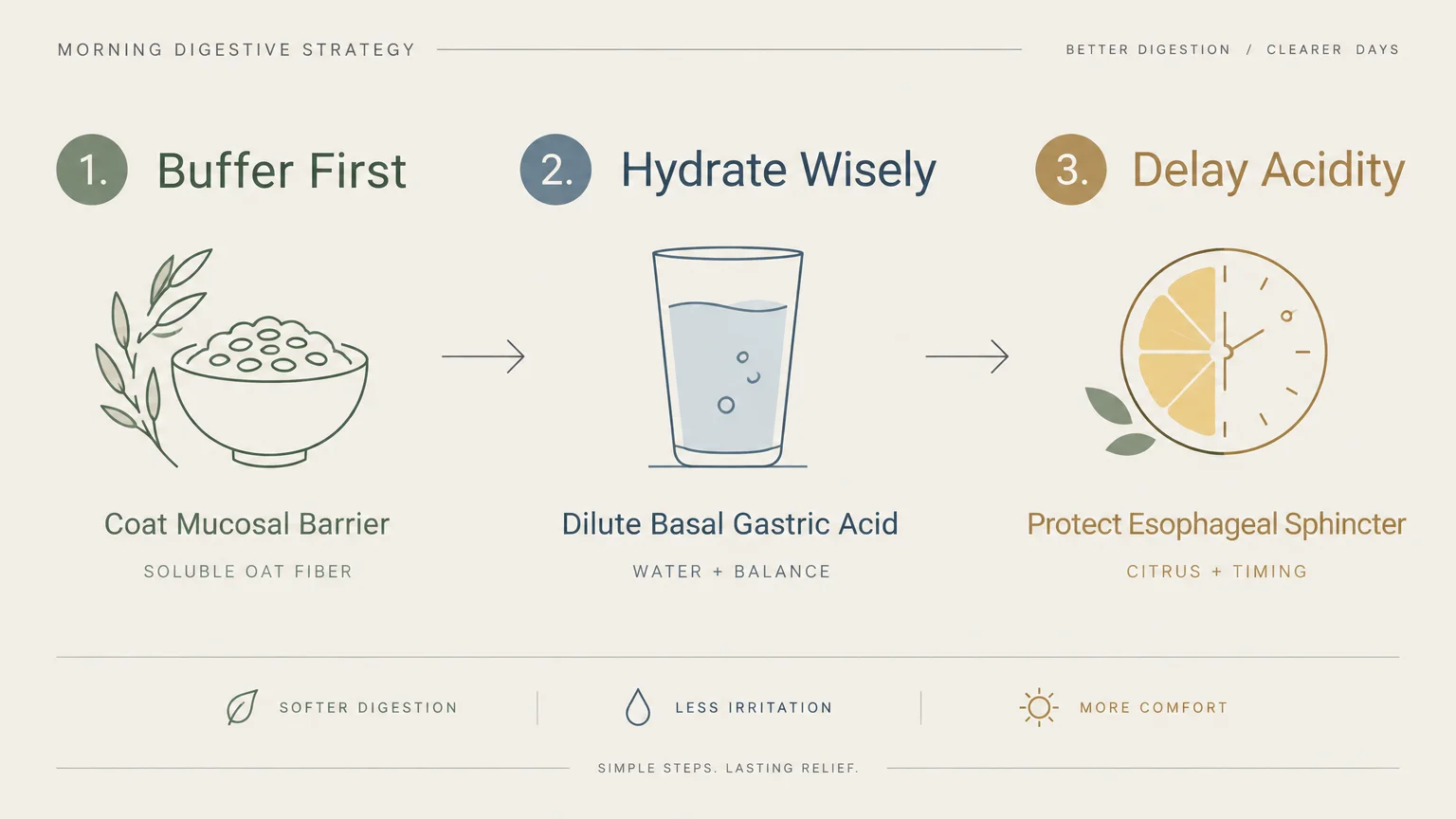 Diagram outlining three morning steps: Buffer First with an oat bowl, Hydrate Wisely with water, and Delay Acidity with a clock.