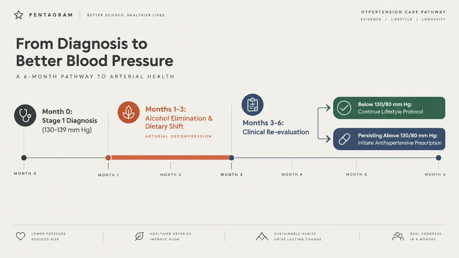 Timeline diagram charting a six-month hypertension pathway from Stage 1 diagnosis to lifestyle protocol or medication.