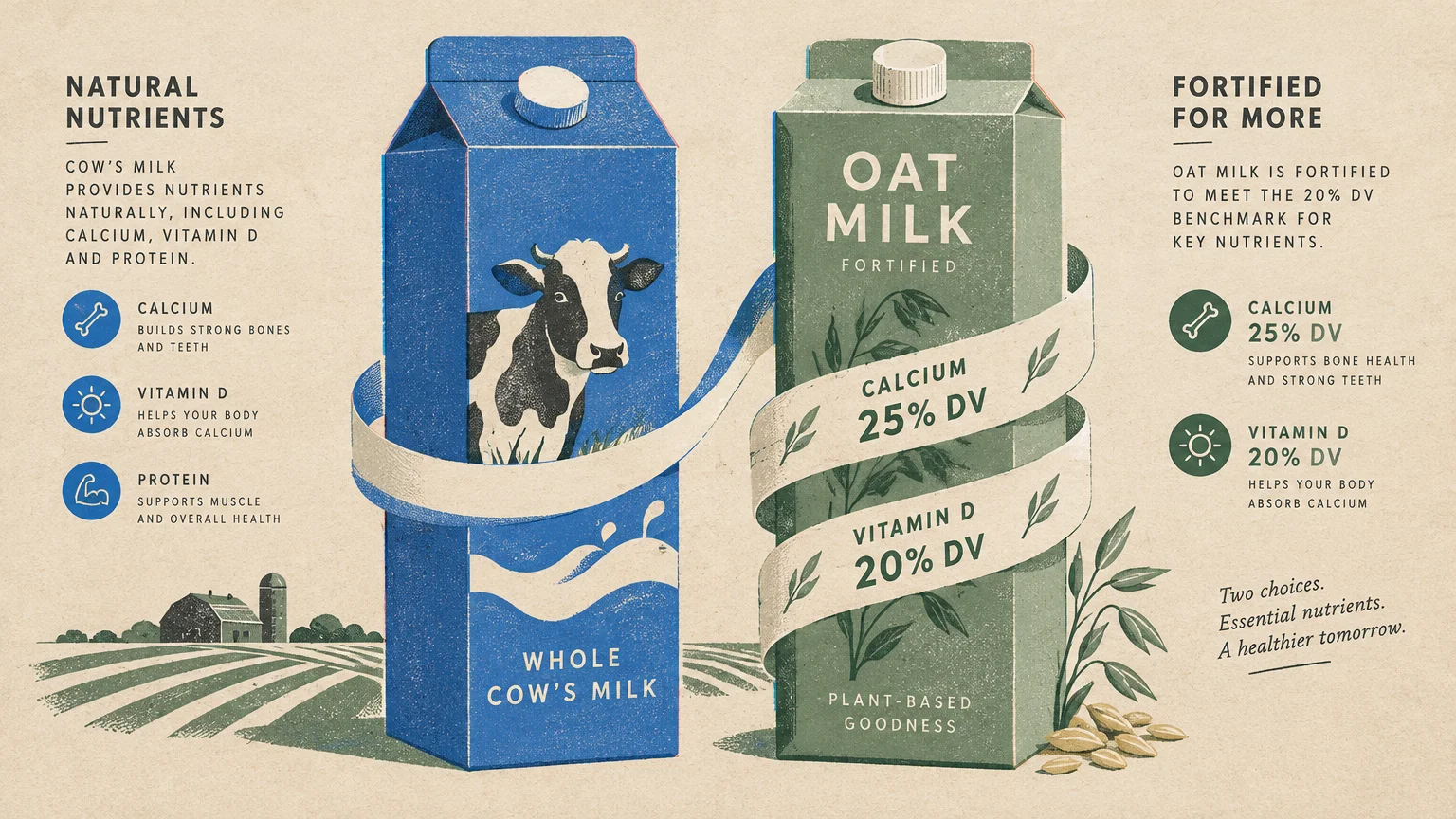 Illustration of whole cow's milk and fortified oat milk cartons side by side with nutrition callouts.