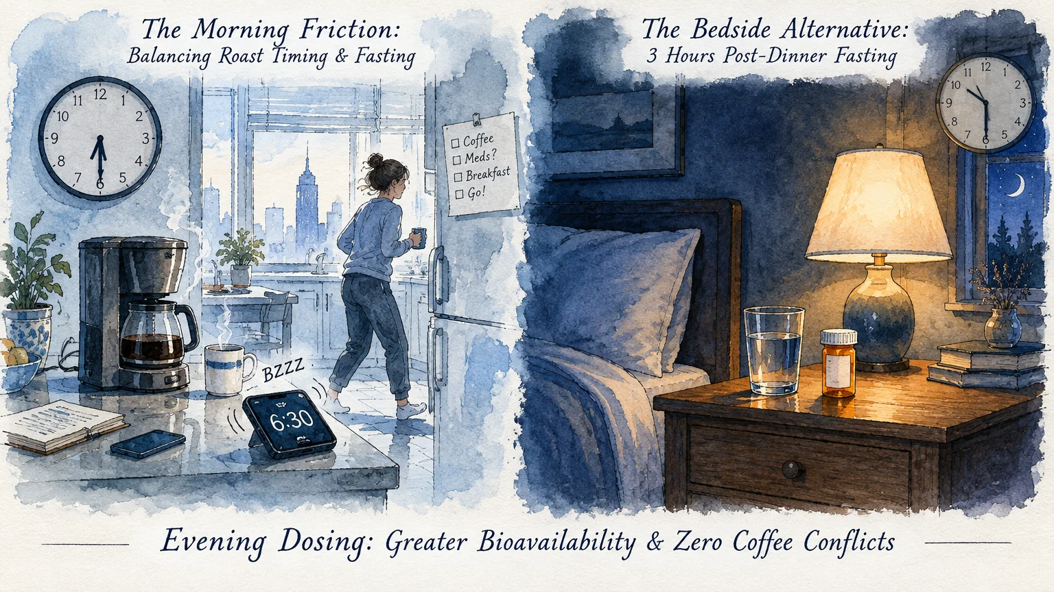 Split watercolor illustration of a woman in a morning kitchen next to an evening nightstand with pills and water.