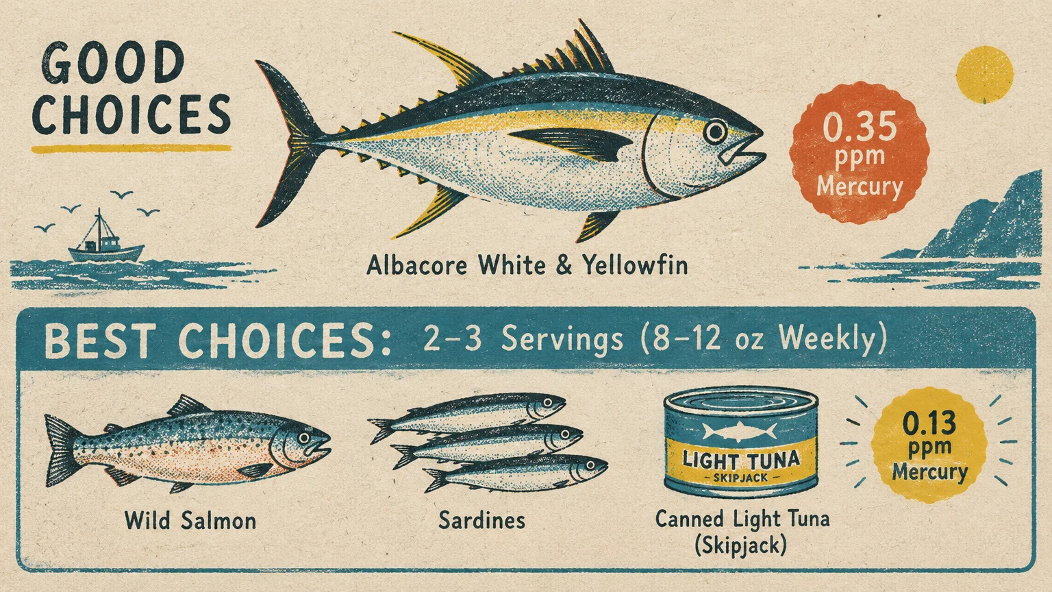 Retro infographic comparing mercury levels in albacore tuna against best choices like wild salmon, sardines, and light tuna.