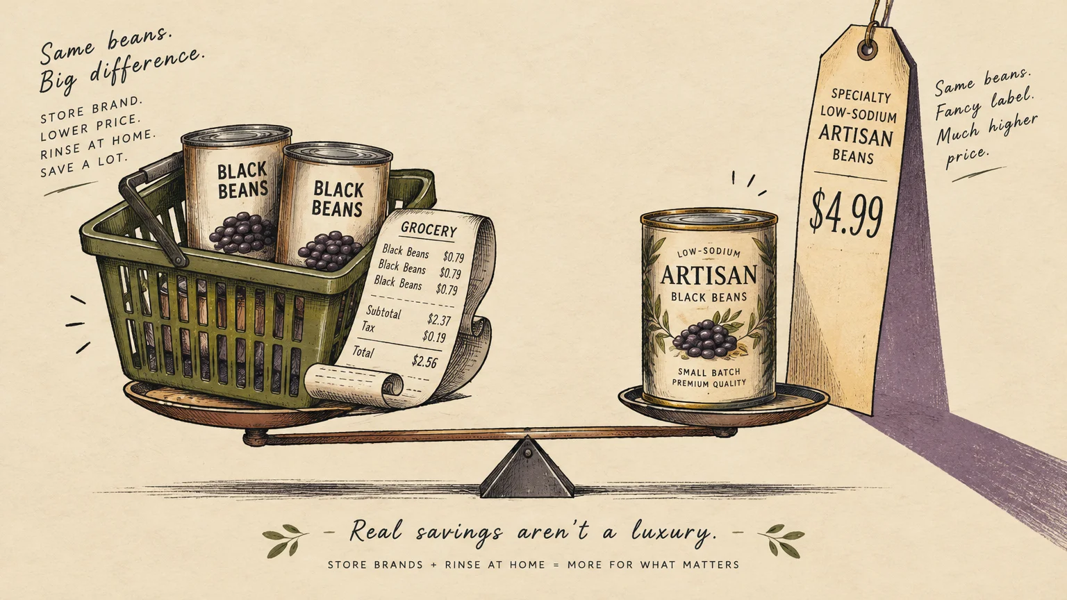 Illustration of a scale balancing a basket of store-brand beans and a receipt against one pricey specialty bean can.