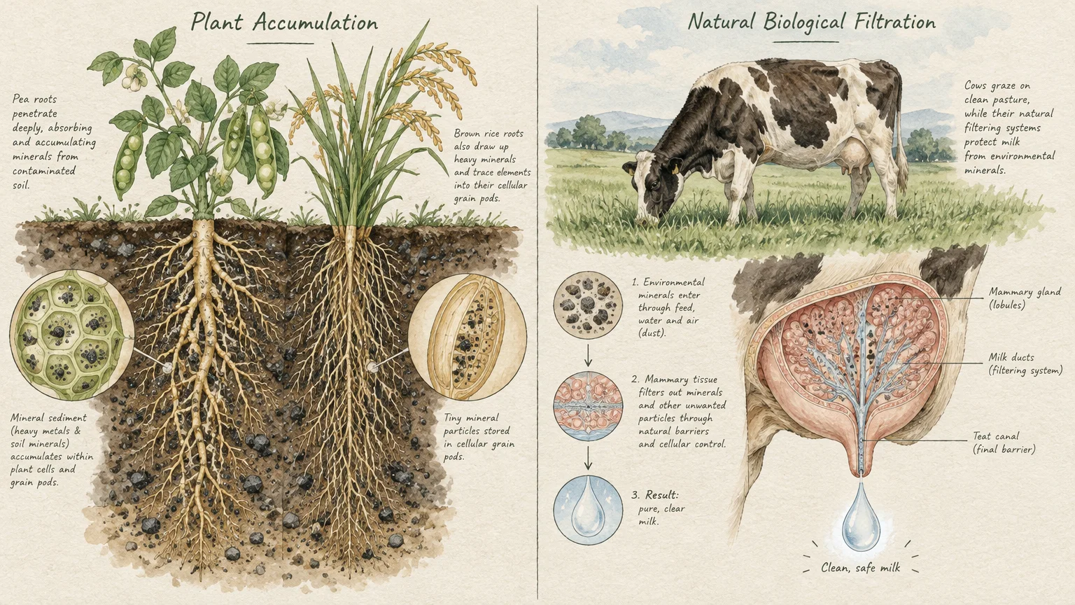 Split diagram contrasting mineral accumulation in pea and rice roots with biological filtration inside a dairy cow's udder.