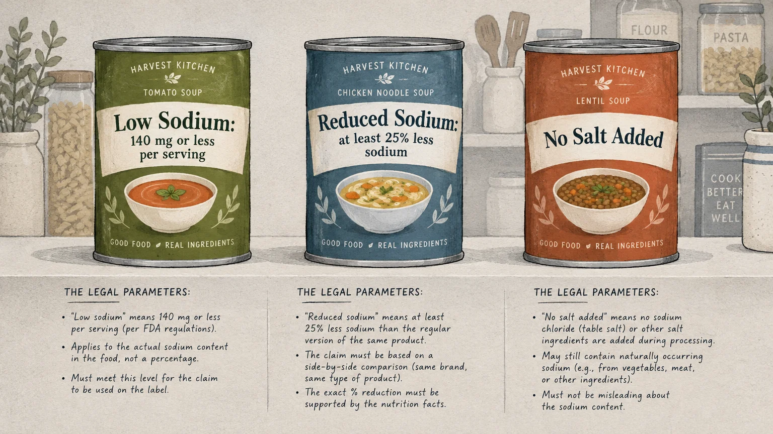 Illustration of three soup cans labeled Low Sodium, Reduced Sodium, and No Salt Added, above text listing legal parameters.