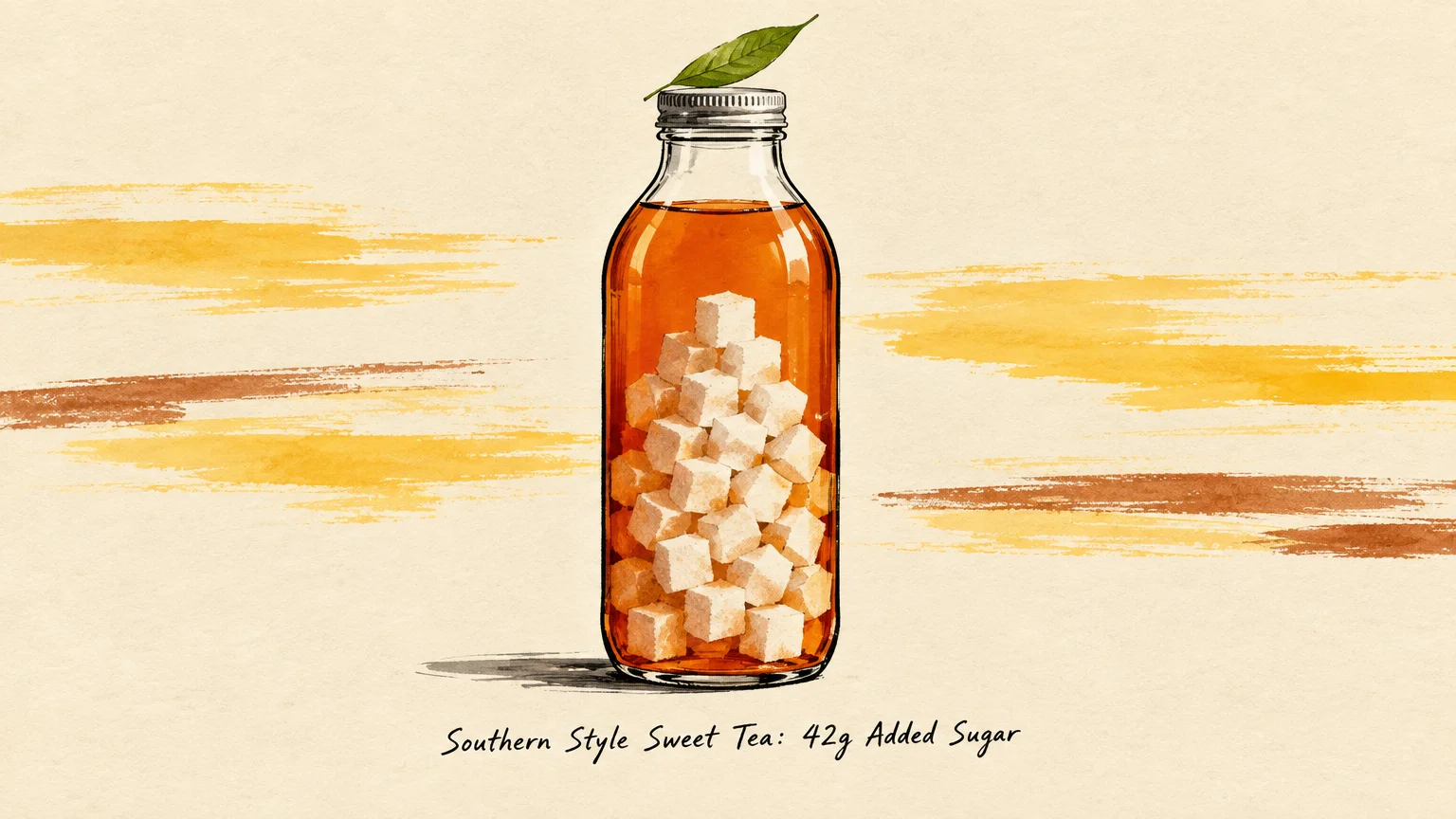 Watercolor illustration of a glass bottle of iced tea filled with sugar cubes, labeled Southern Style Sweet Tea 42g Added Sugar.