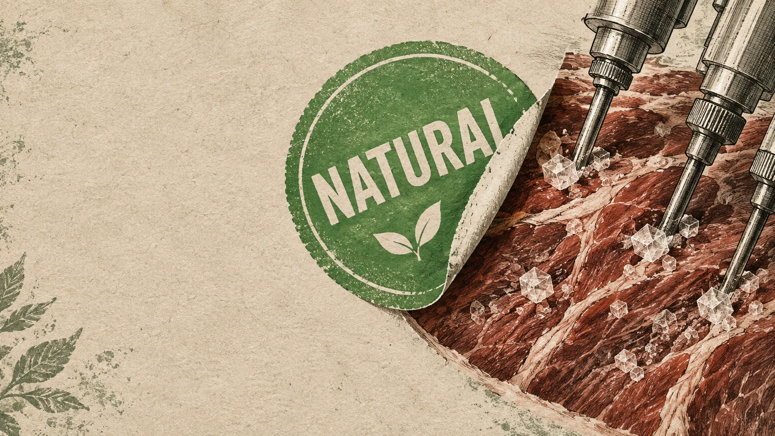 Illustration of a green natural sticker peeling back to reveal raw meat injected with needles amid salt crystals.
