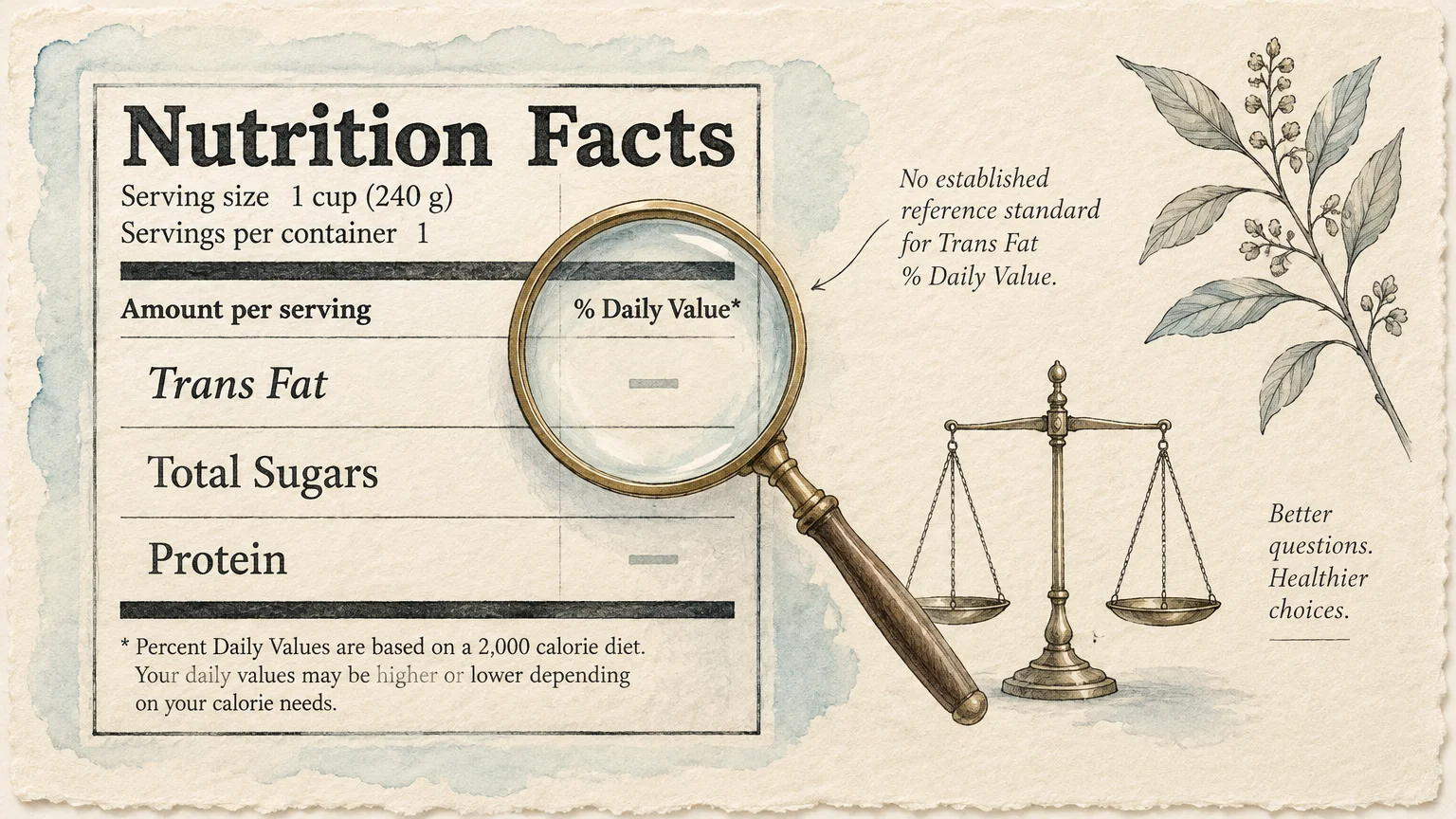 Illustration of a nutrition facts label under a magnifying glass beside a balance scale and botanical sketch.