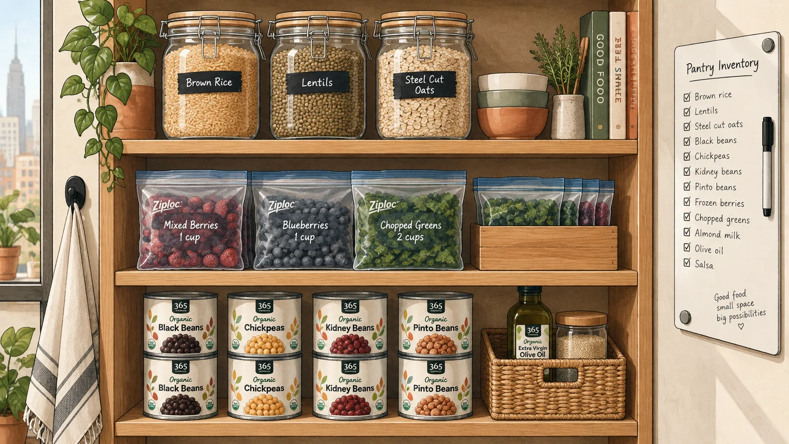 Organized pantry shelves with labeled glass jars, portioned produce bags, canned beans, and an inventory whiteboard.