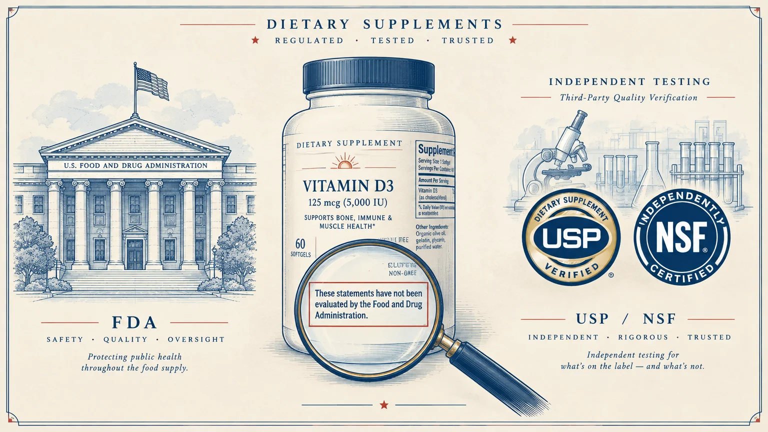 Infographic showing the FDA building, a vitamin bottle with a magnified disclaimer, and USP and NSF certification seals.