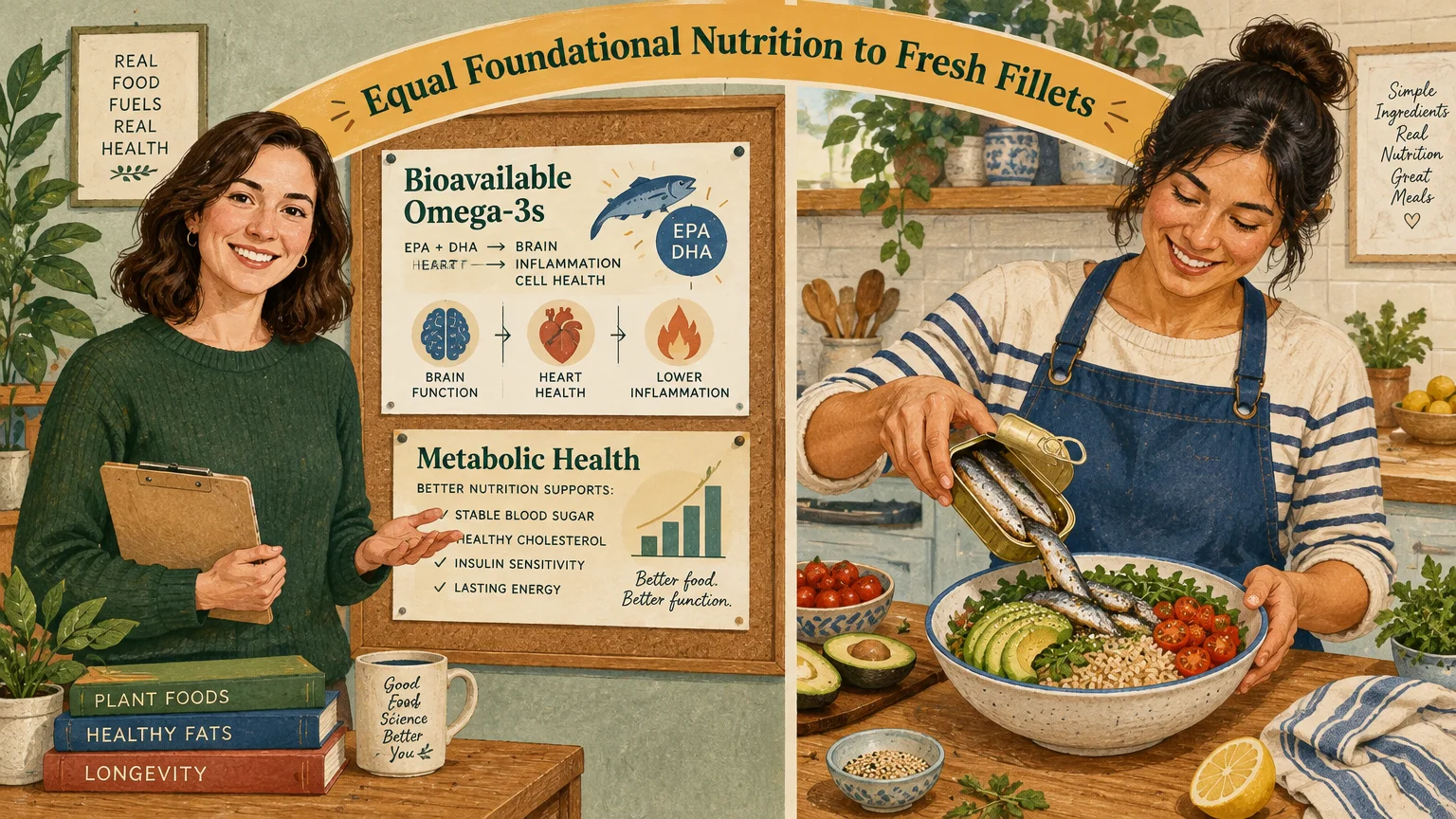 Illustration of a dietitian presenting nutrition charts alongside a cook pouring canned sardines into a grain salad bowl.