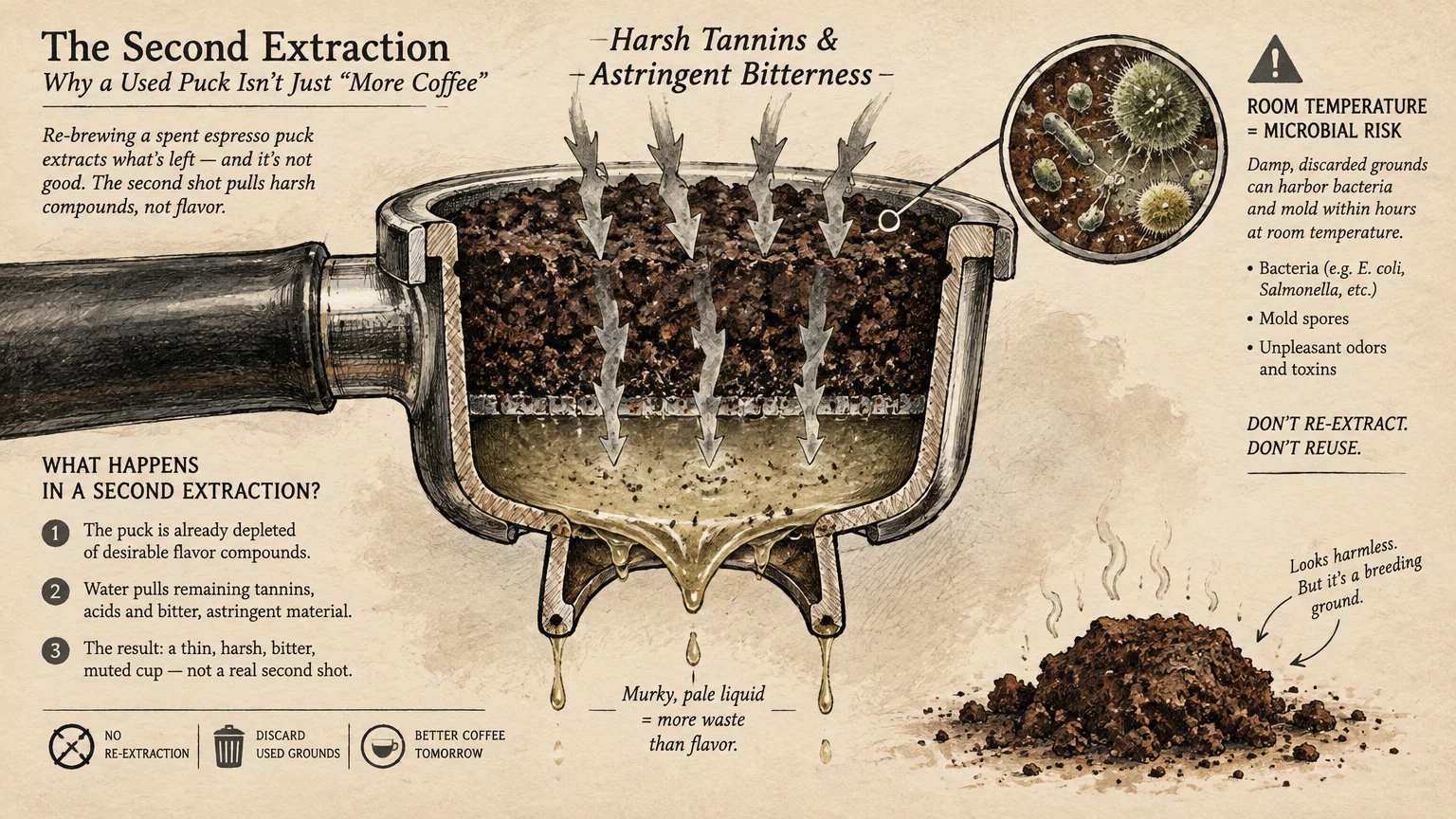 Diagram showing a cross-section of a portafilter with spent grounds, dripping liquid, and a microbial risk callout.