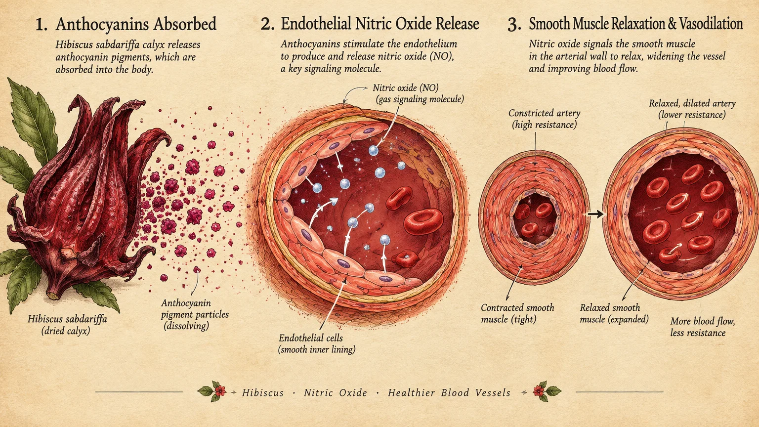 Diagram showing hibiscus anthocyanins stimulating nitric oxide release in artery walls to promote vasodilation.