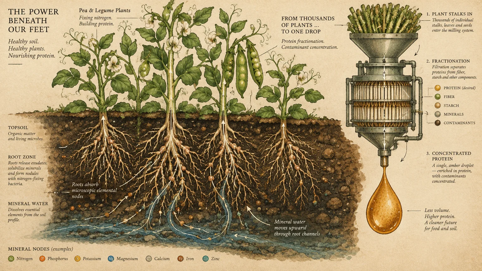 Diagram showing pea plant roots absorbing soil minerals alongside an industrial filter concentrating extracts into an amber drop.